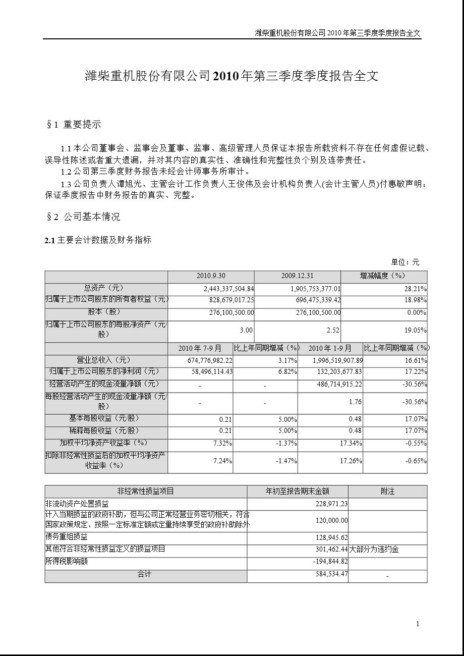 潍柴重机：第三季度报告全文.ppt_第1页