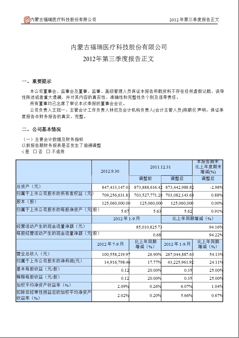 福瑞股份：第三季度报告正文.ppt_第1页