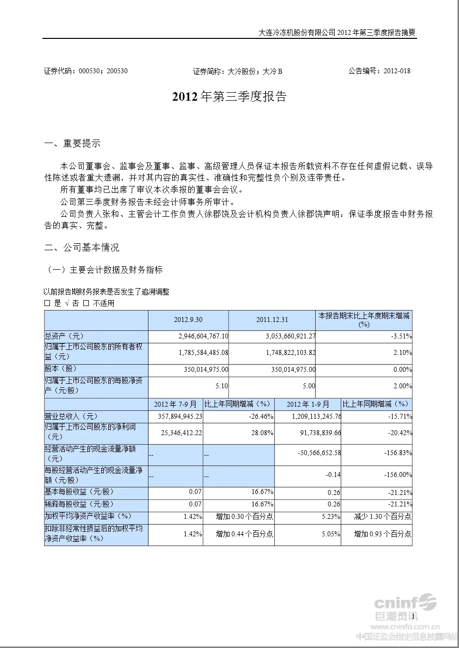 大冷股份：第三季度报告正文.ppt_第1页