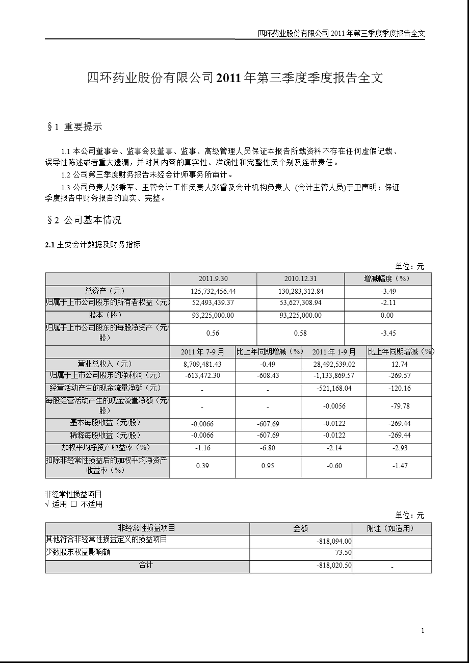 ST 四 环：第三季度报告全文.ppt_第1页