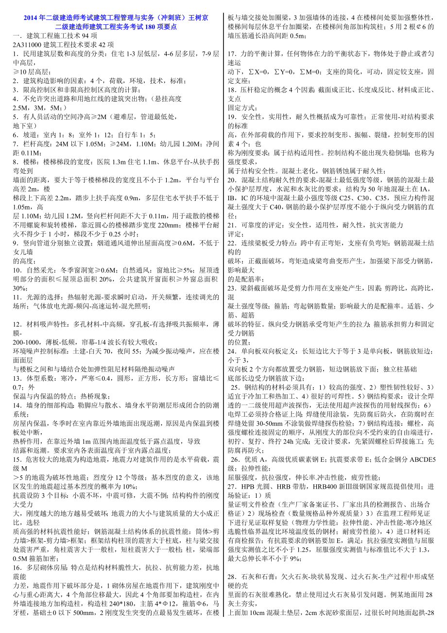 年二级建造师考试王树京冲刺 二级建造师建筑工程实务考试180项要点 小抄版.doc_第1页