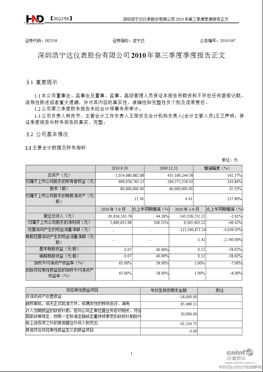 浩宁达：第三季度报告正文.ppt_第1页