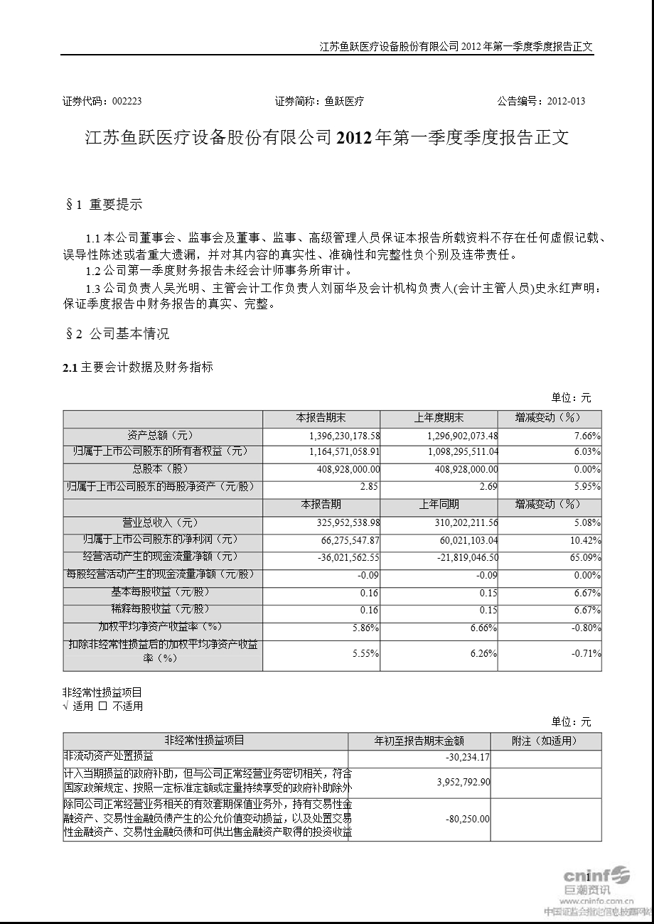 鱼跃医疗：第一季度报告正文.ppt_第1页