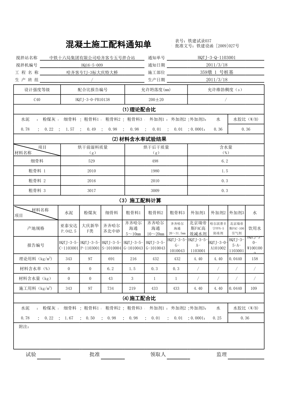 黑龙江某特大桥拌合站混凝土施工配料通知单.xls_第1页