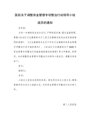 医院关于调整资金管理专项整治行动领导小组成员的通知.docx