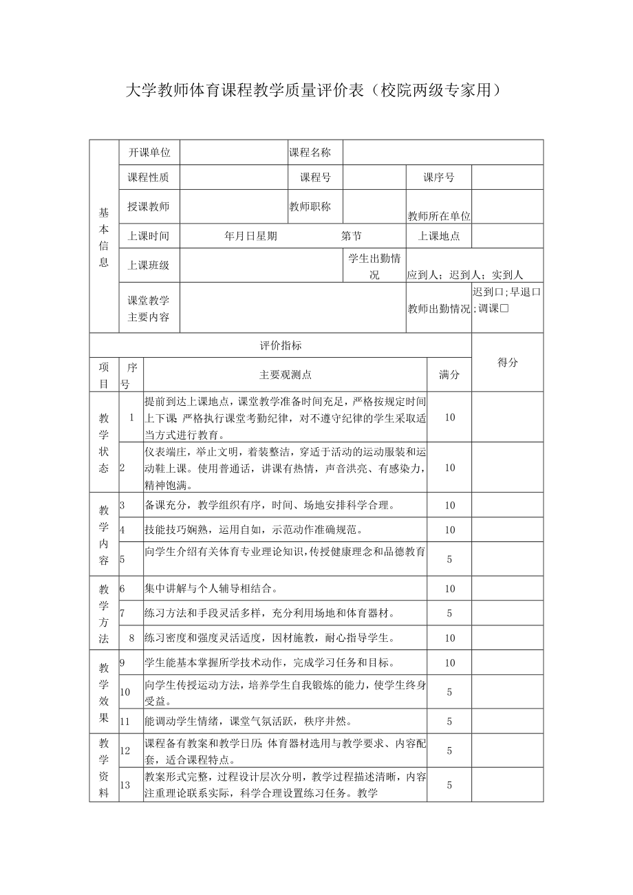 大学教师体育课程教学质量评价表（校院两级专家用）.docx_第1页