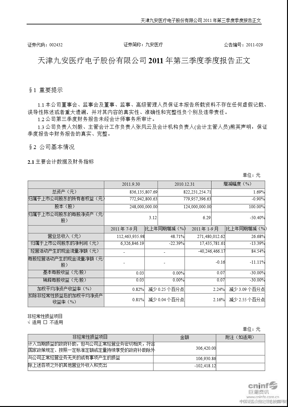 九安医疗：第三季度报告正文.ppt_第1页