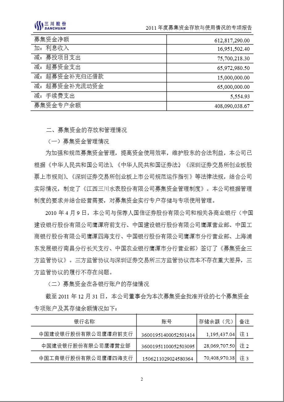 三川股份：董事会募集资金存放与使用情况的专项报告.ppt_第2页