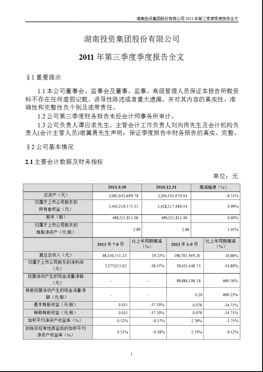 湖南投资：第三季度报告全文.ppt_第1页