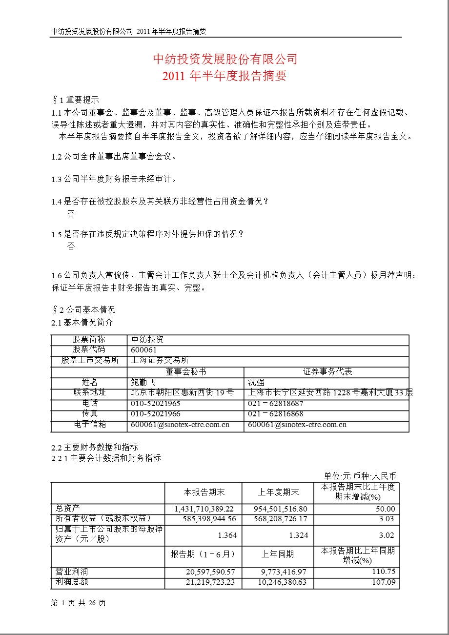 600061_2011中纺投资半年报摘要.ppt_第1页