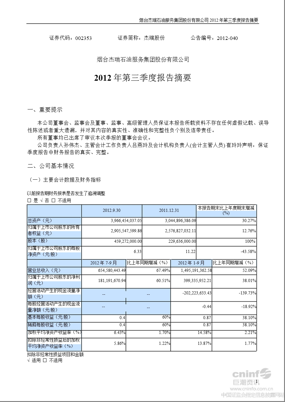 杰瑞股份：第三季度报告正文.ppt_第1页