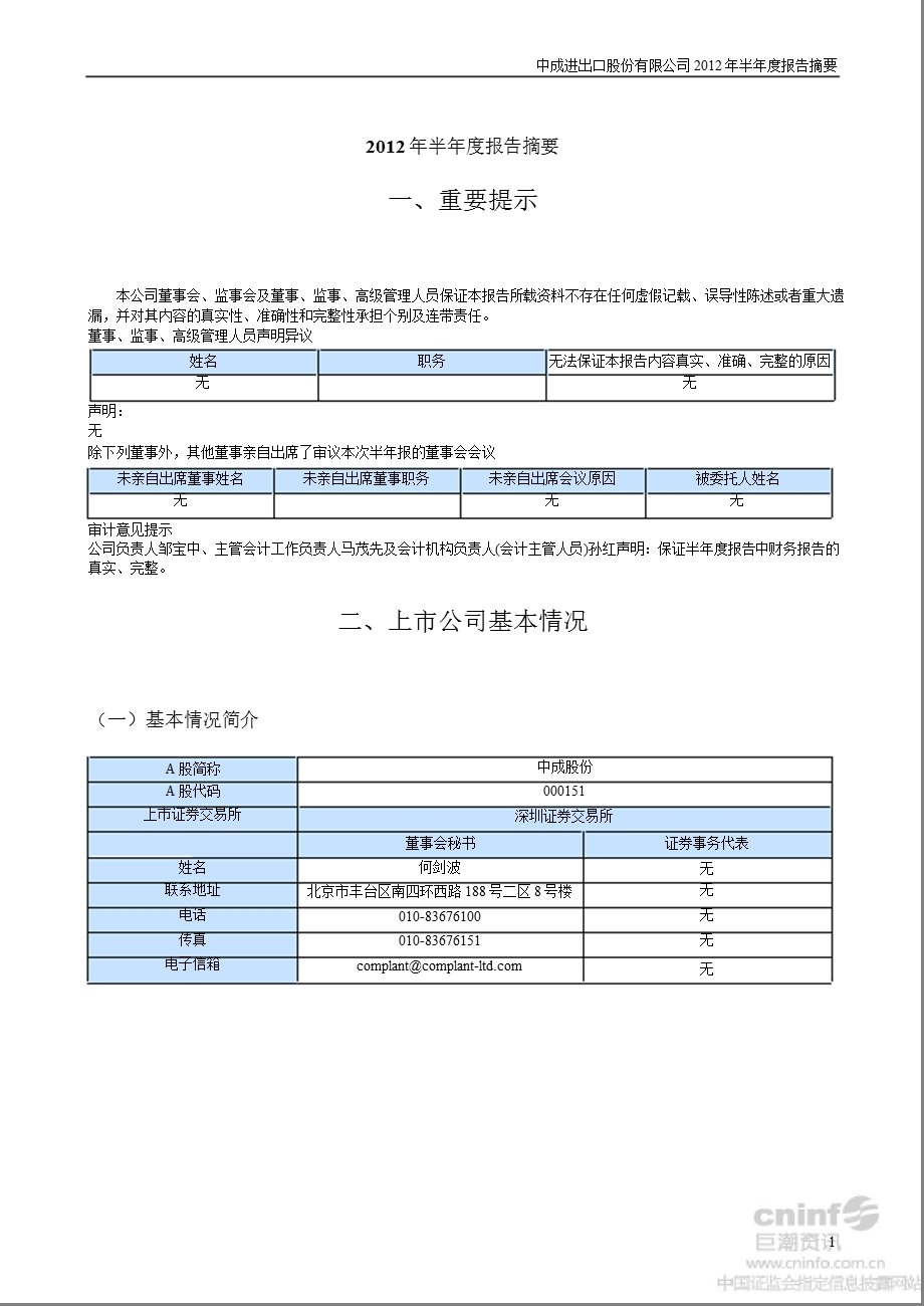 中成股份：2012年半年度报告摘要.ppt_第1页