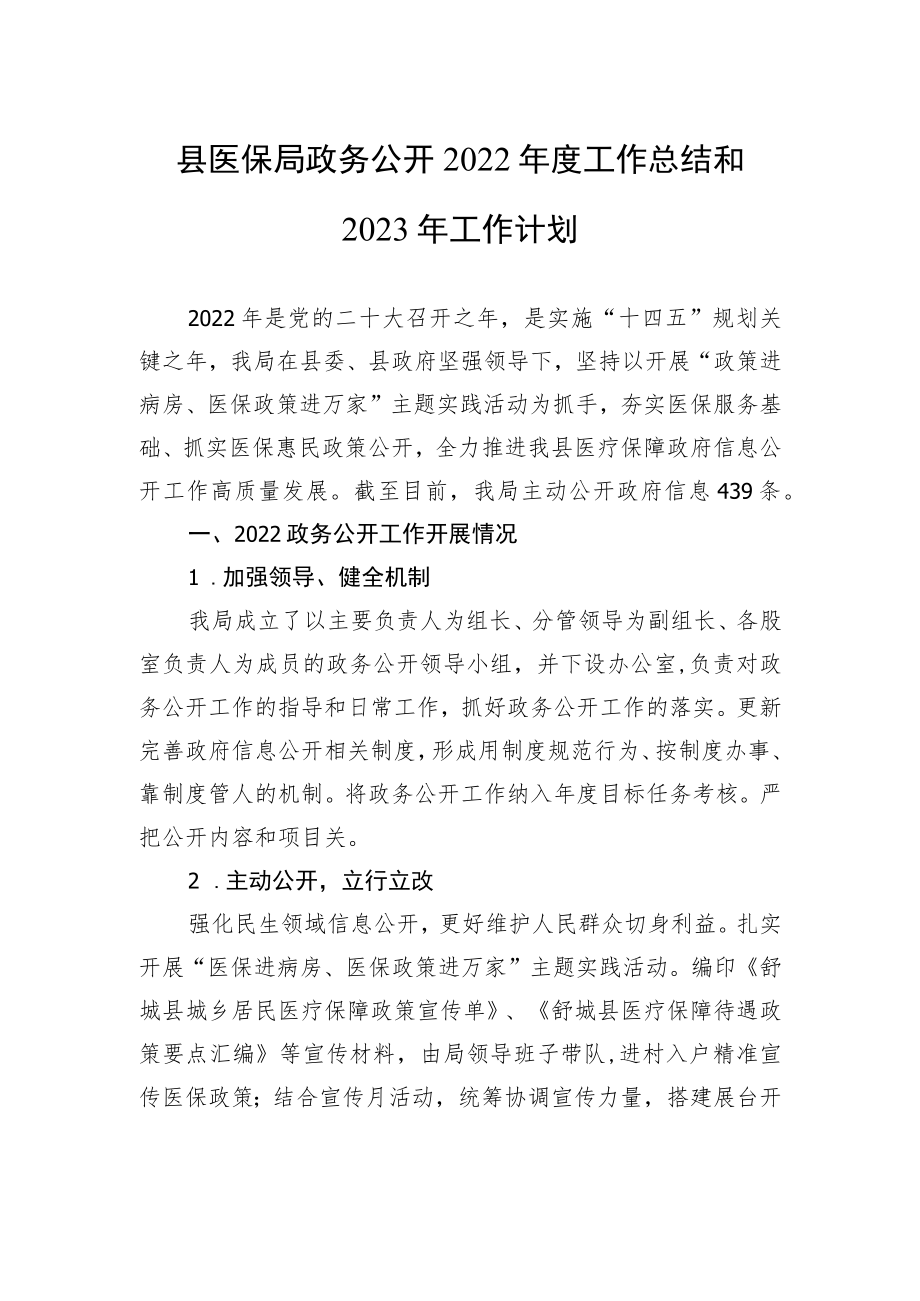 县医保局政务公开2022年度工作总结和2023年工作计划.docx_第1页