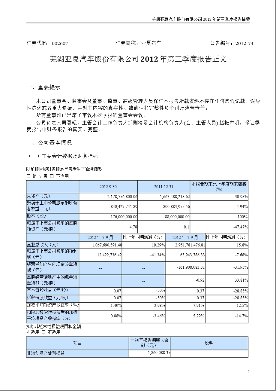 亚夏汽车：第三季度报告正文.ppt_第1页