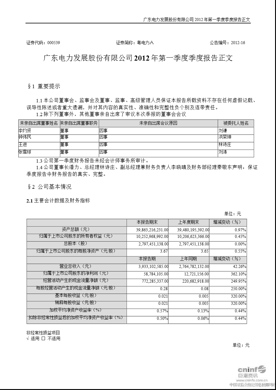 粤电力Ａ：第一季度报告正文.ppt_第1页