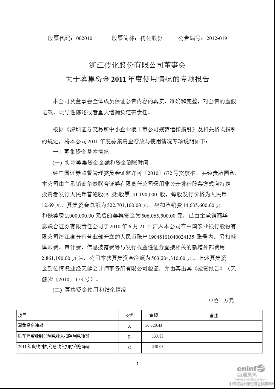 传化股份：董事会关于募集资金使用情况的专项报告.ppt_第1页