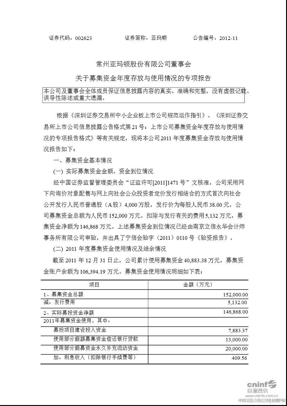 亚玛顿：董事会关于募集资金存放与使用情况的专项报告.ppt_第1页