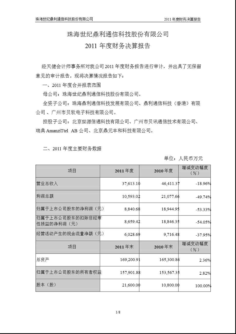 世纪鼎利：财务决算报告.ppt_第1页