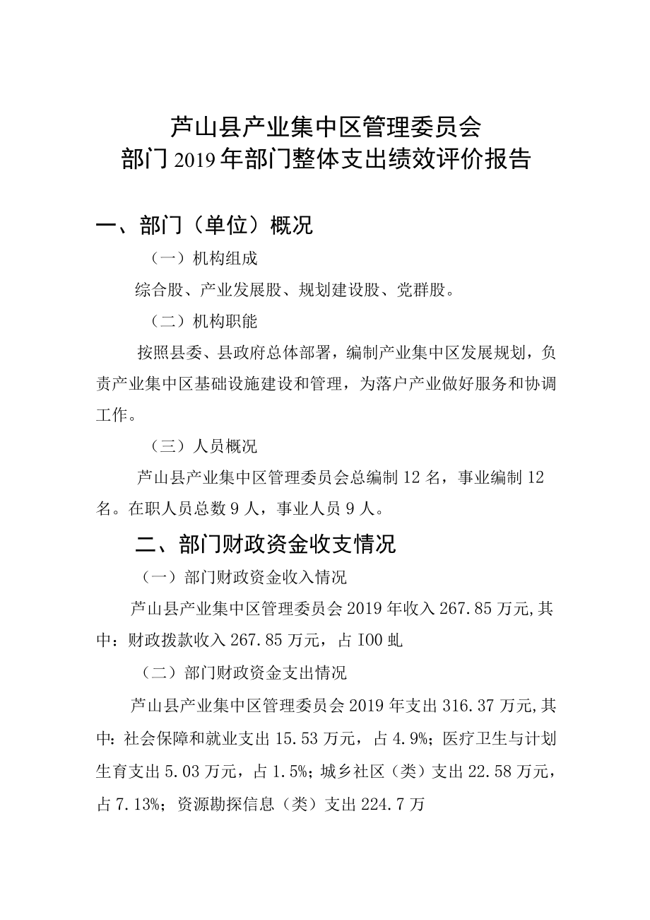 芦山县产业集中区管理委员会部门2019年部门整体支出绩效评价报告.docx_第1页