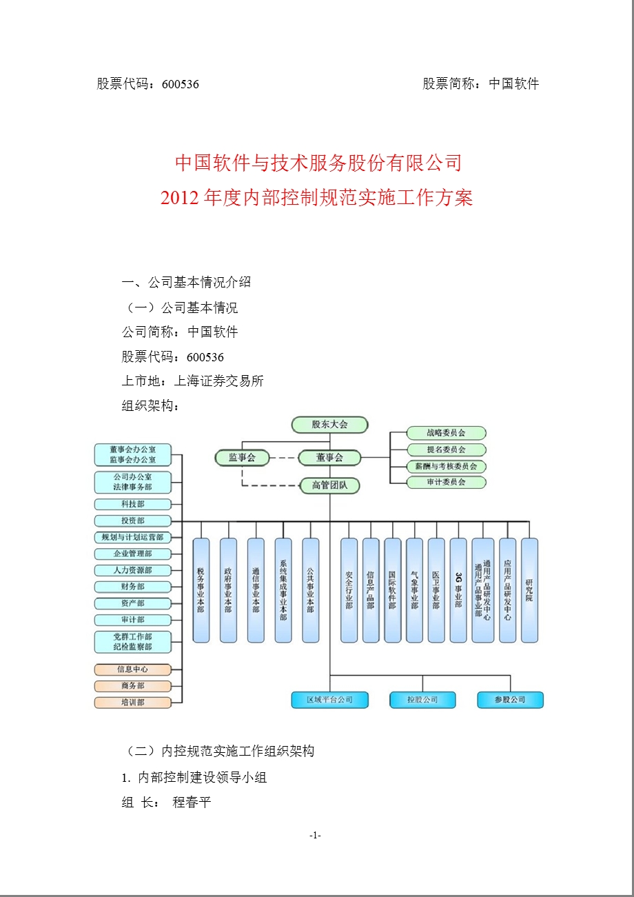 600536 中国软件内部控制规范实施工作方案.ppt_第1页