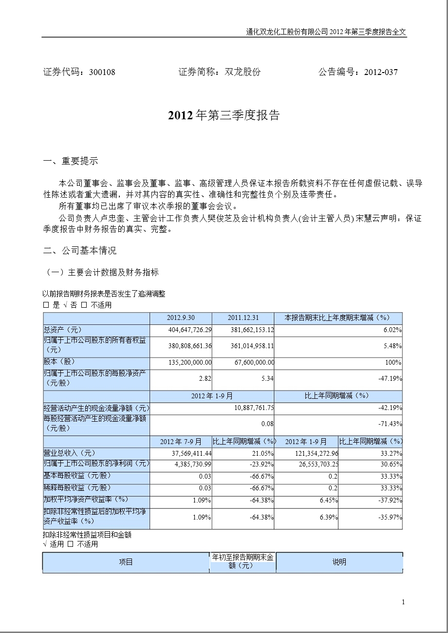 双龙股份：第三季度报告全文.ppt_第1页