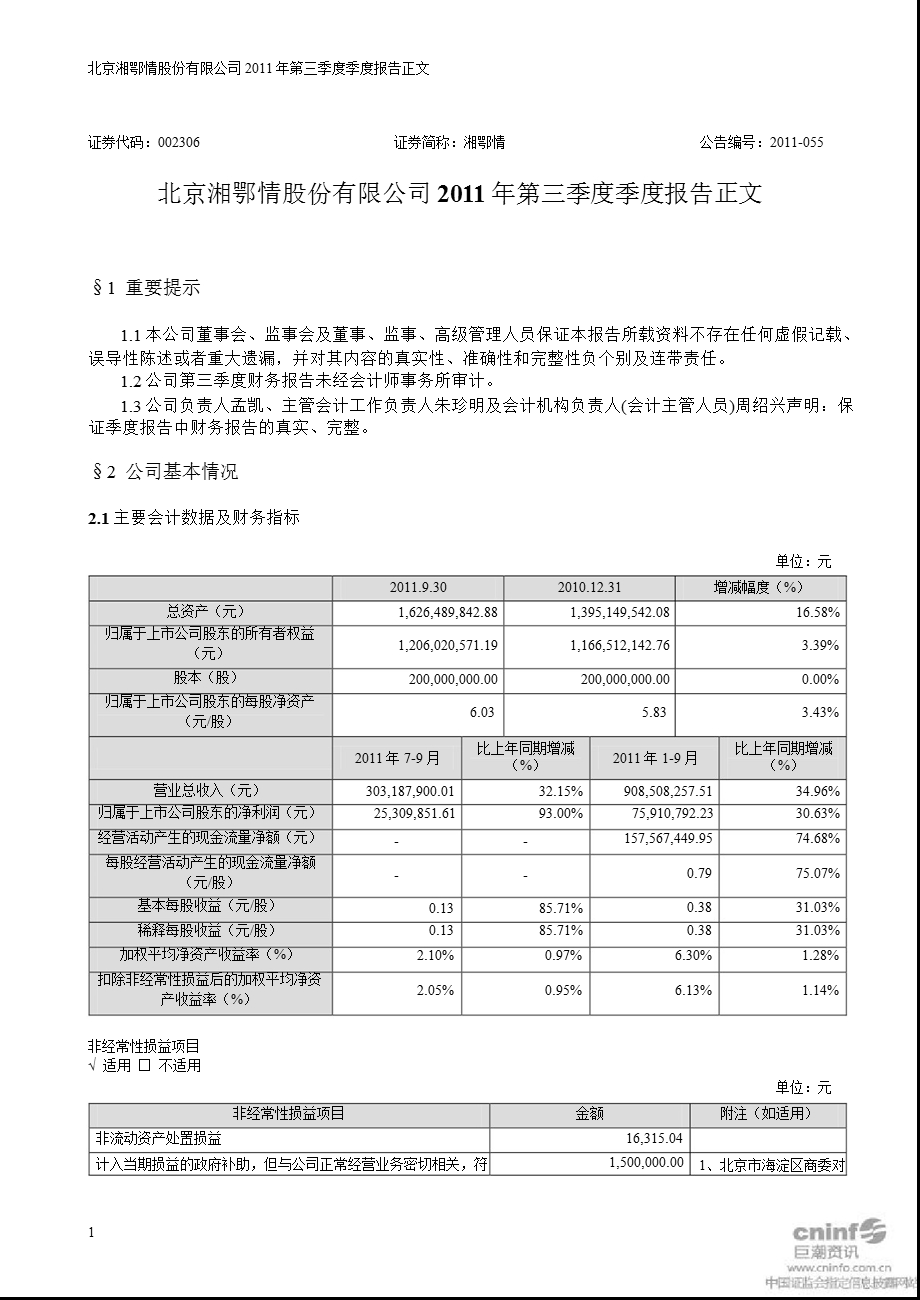 湘鄂情：第三季度报告正文.ppt_第1页