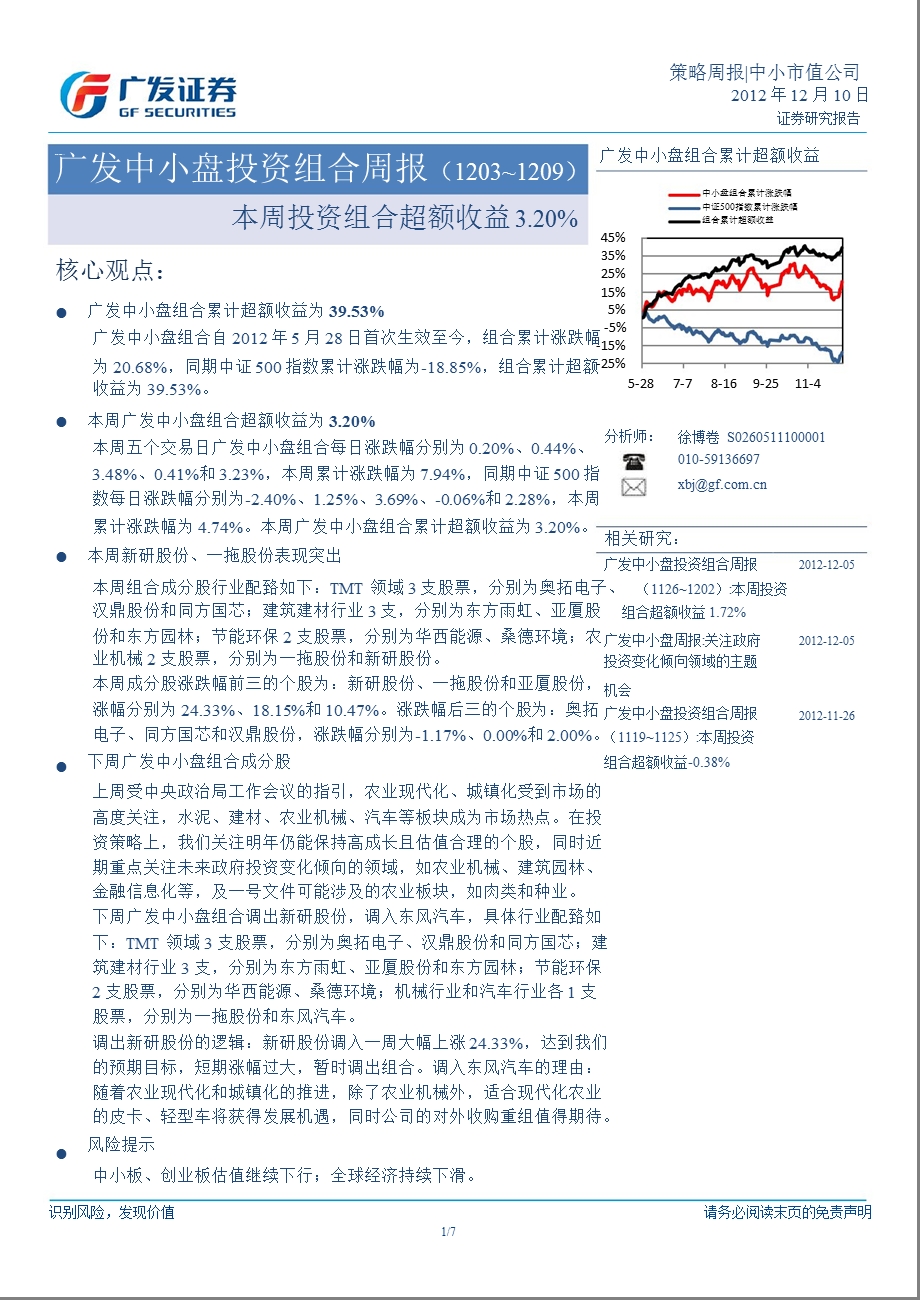 广发中小盘投资组合周报：本周投资组合超额收益3.20%1210.ppt_第1页