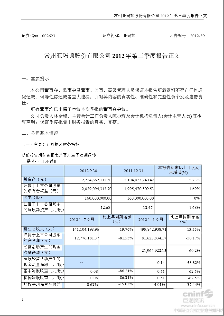 亚玛顿：2012年第三季度报告正文.ppt_第1页