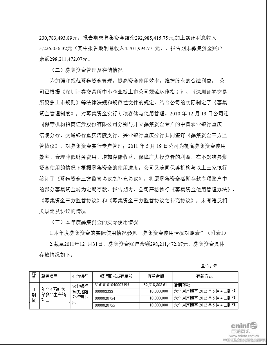 涪陵榨菜：招商证券股份有限公司关于公司2011年度募集资金存放与使用核查报告.ppt_第2页