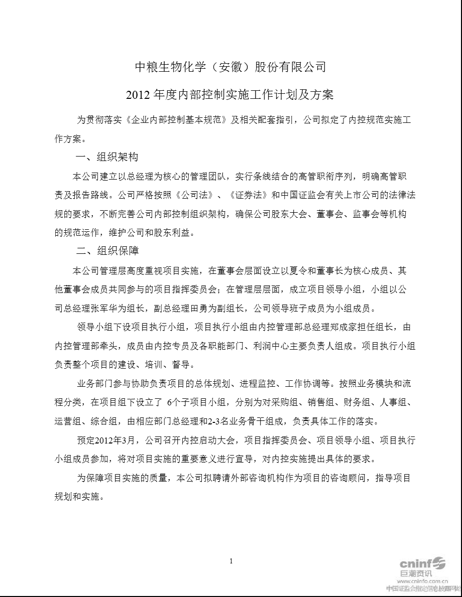 中粮生化：内部控制实施工作计划及方案.ppt_第1页