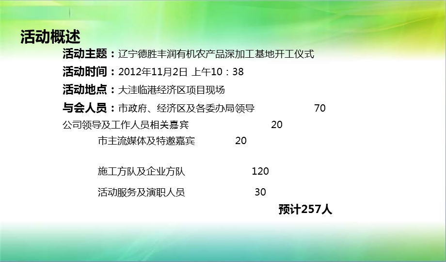 辽宁德胜丰润有机农产品深加工基地开工仪式策划方案.ppt_第2页