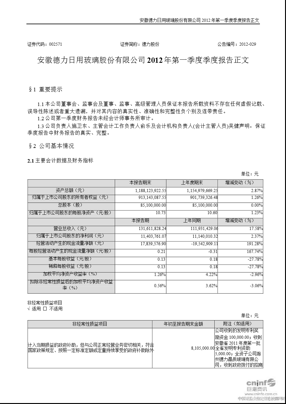 德力股份：第一季度报告正文.ppt_第1页