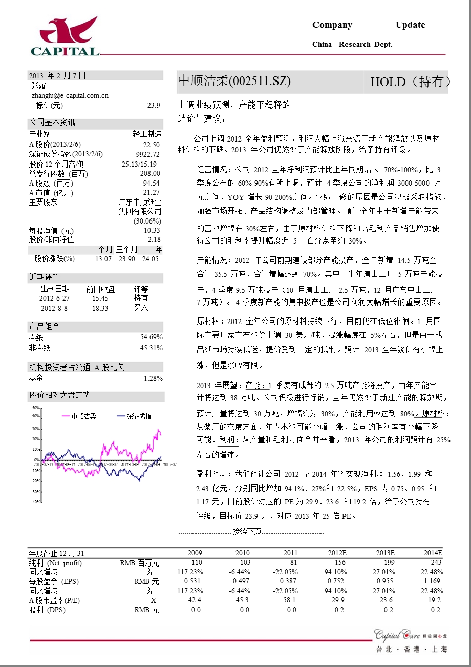 中顺洁柔(002511)上调业绩预测,产能平稳释放130207.ppt_第1页