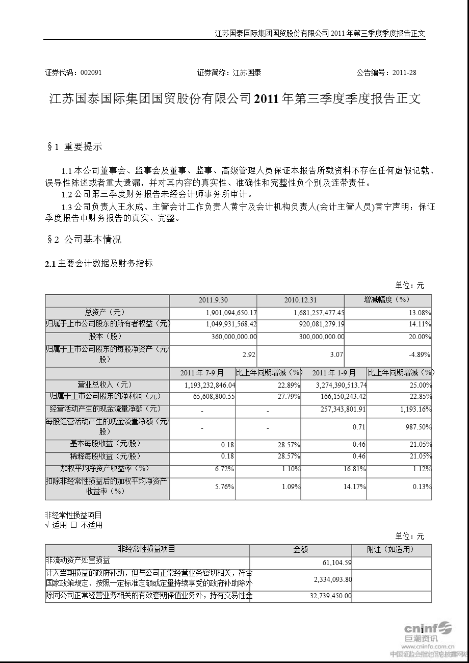 江苏国泰：第三季度报告正文.ppt_第1页