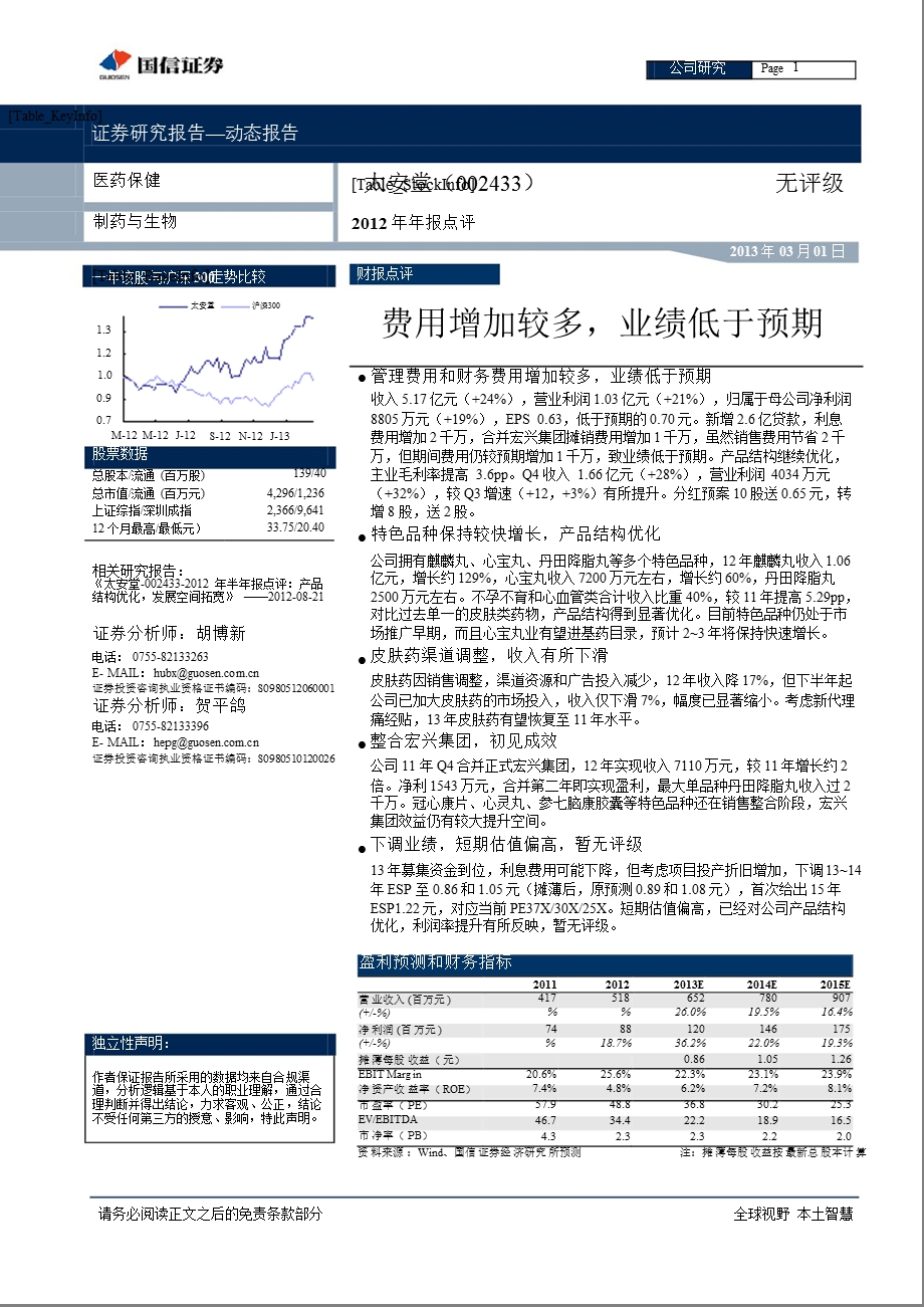 太安堂(002433)费用增加较多,业绩低于预期130301.ppt_第1页