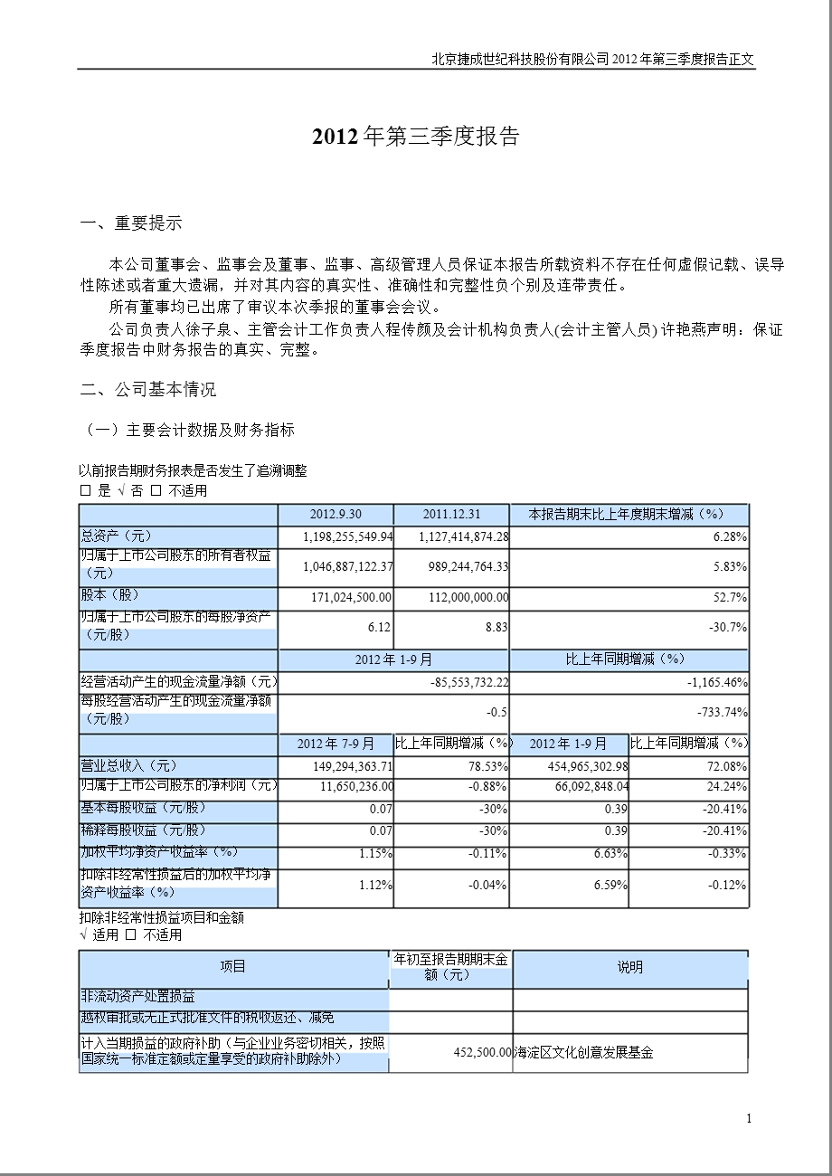 捷成股份：第三季度报告正文.ppt_第1页