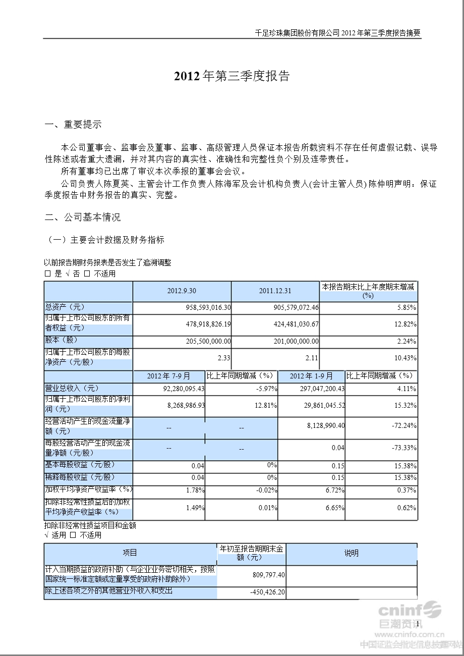 千足珍珠：第三季度报告正文.ppt_第1页