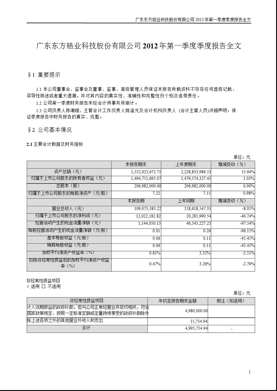 东方锆业：第一季度报告全文.ppt_第1页