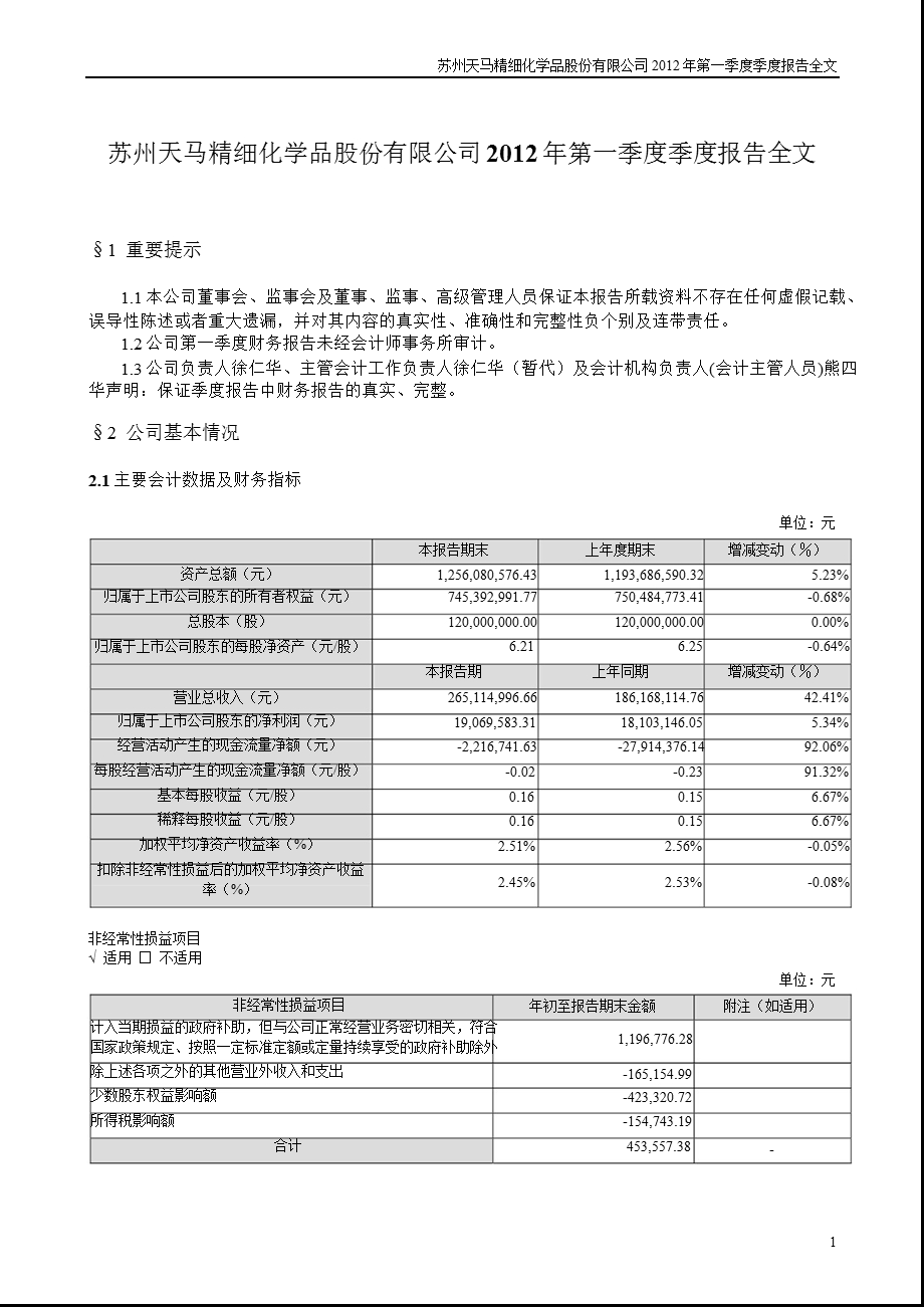 天马精化：第一季度报告全文.ppt_第1页