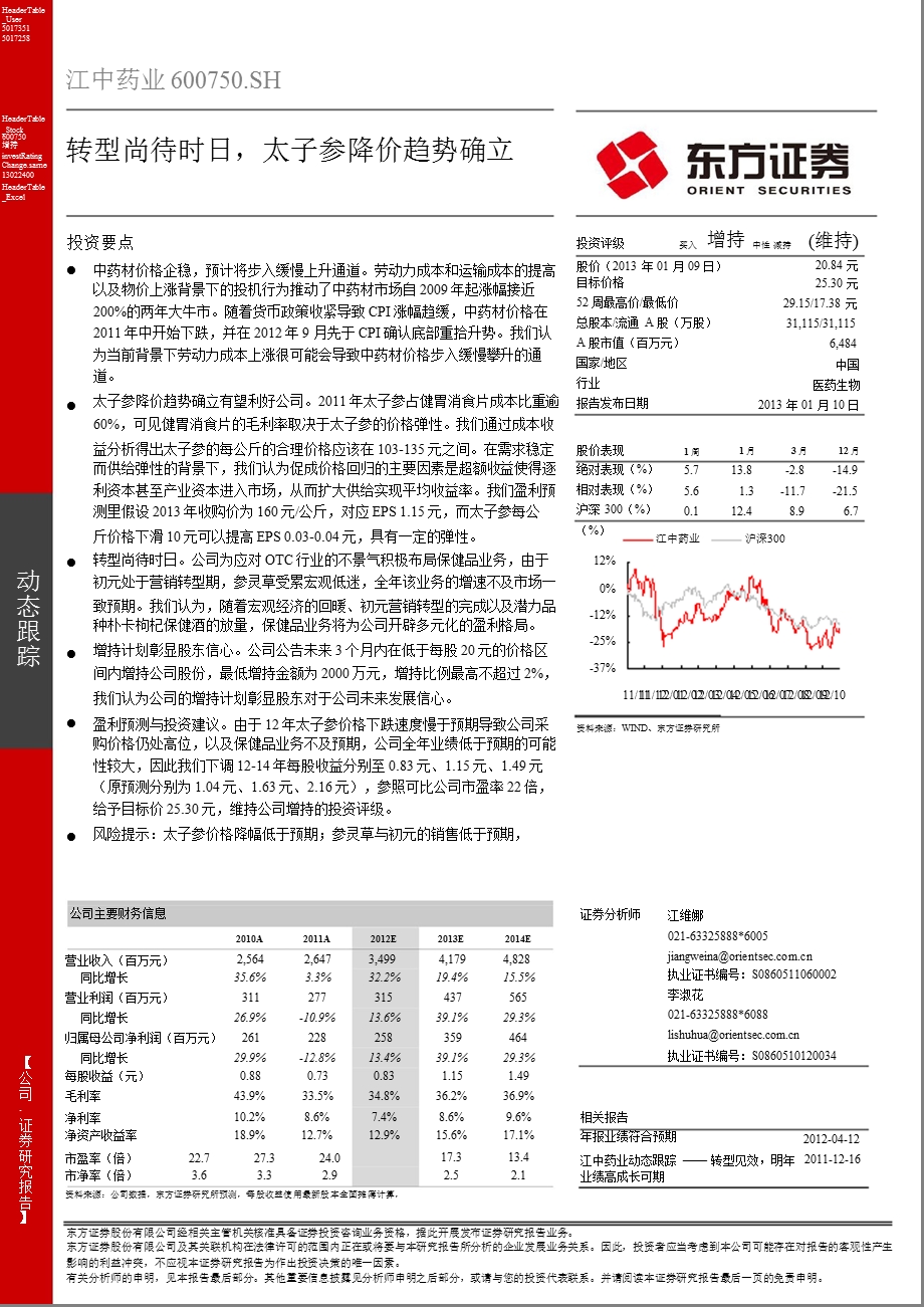 江中药业(600750)动态跟踪：转型尚待时日太子参降价趋势确立0110.ppt_第1页