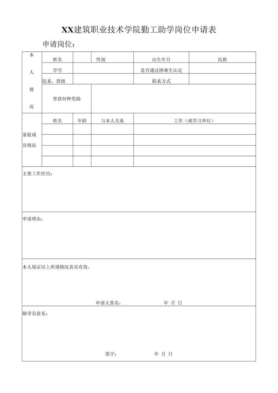 XX建筑职业技术学院勤工助学岗位申请表.docx_第1页