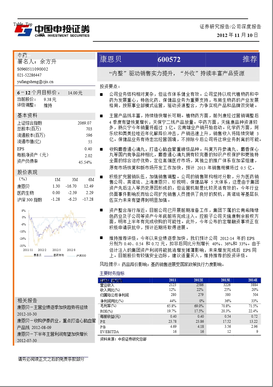 康恩贝(600572)公司深度报告：“内整”驱动销售实力提升_“外收”持续丰富产品资源-2012-11-12.ppt_第1页