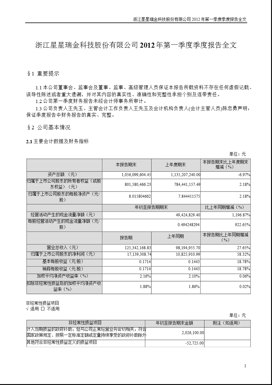 星星科技：2012年第一季度报告全文.ppt_第1页