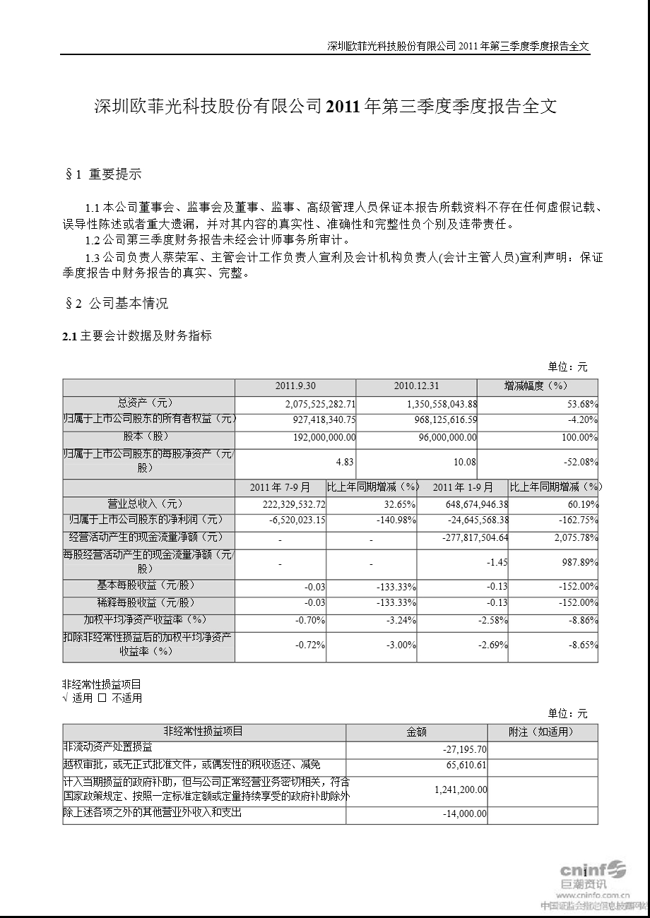 欧菲光：2011年第三季度报告全文.ppt_第1页