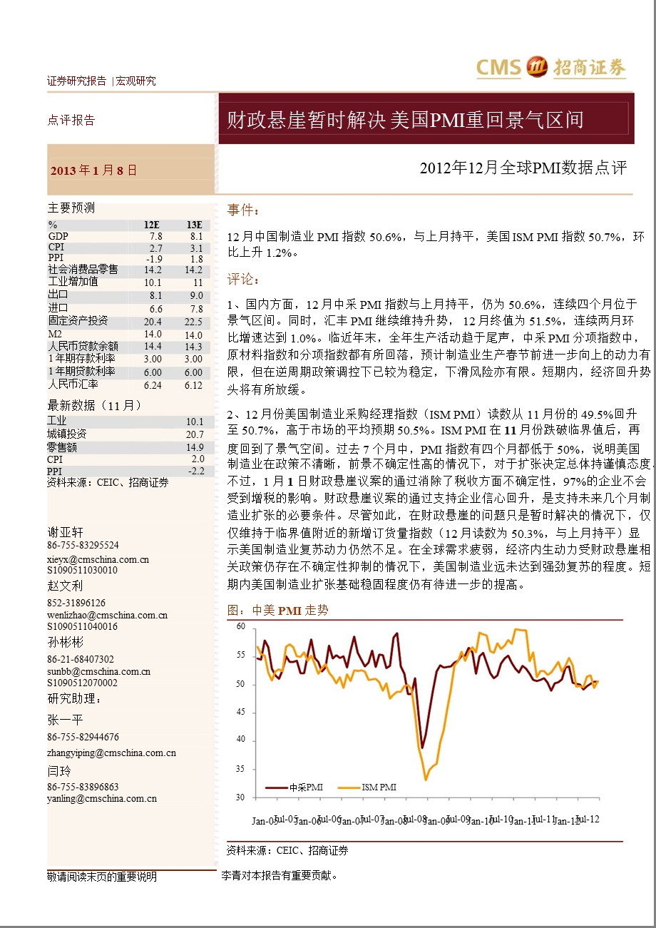 2012年12月全球PMI数据点评：财政悬崖暂时解决_美国PMI重回景气区间-2013-01-09.ppt_第1页