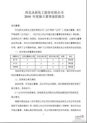 西北化工：2010年度独立董事述职报告.ppt