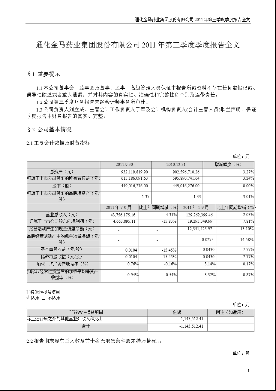 通化金马：2011年第三季度报告全文.ppt_第1页