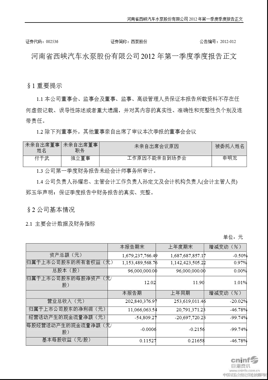 西泵股份：2012年第一季度报告正文.ppt_第1页