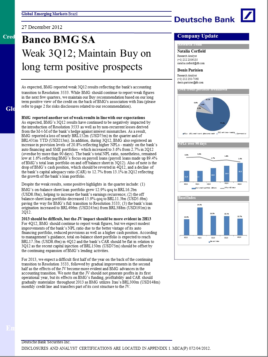 BANCO_BMG_SA：WEAK_3Q12;_MAINTAIN_BUY_ON_LONG_TERM_POSITIVE_PROSPECTS-2012-12-28.ppt_第1页