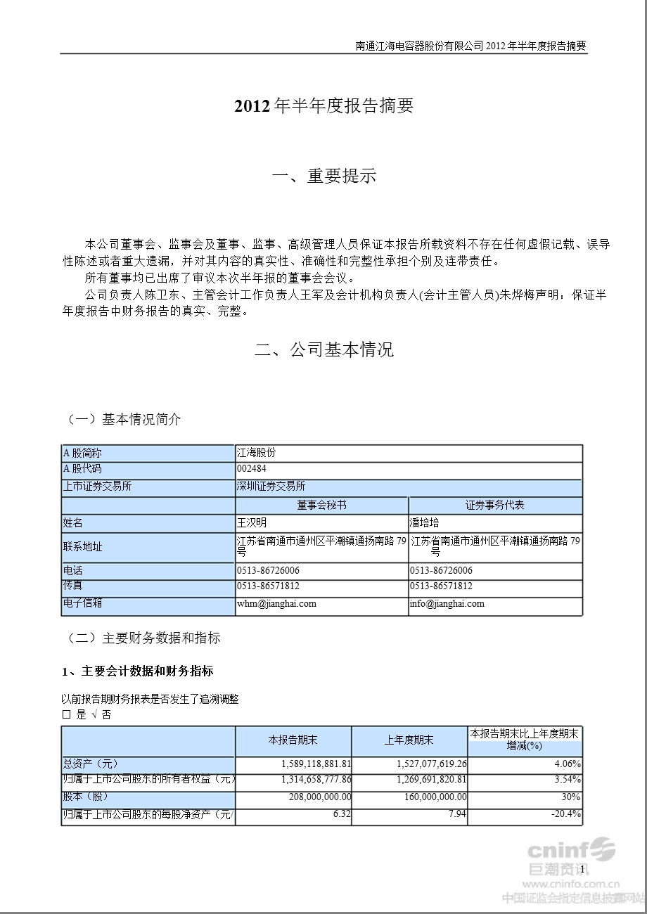 江海股份：2012年半年度报告摘要.ppt_第1页